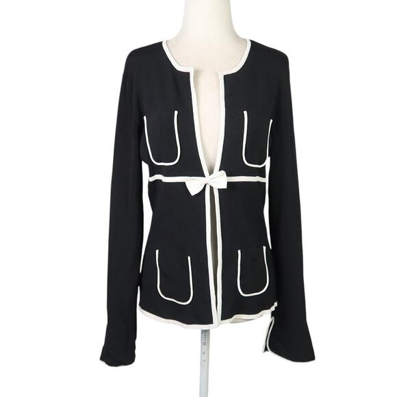 Vintage 90s BCBGMAXAXRIA Black and White Trim Bow Cardigan Sweater M - Picture 1 of 9